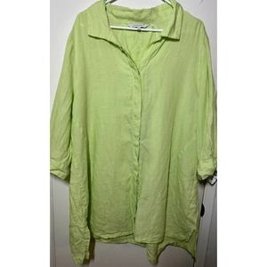 Foxcroft Linen Tunic Lime Green Button Up Blouse Sz 16 Lagenlook Lightweight